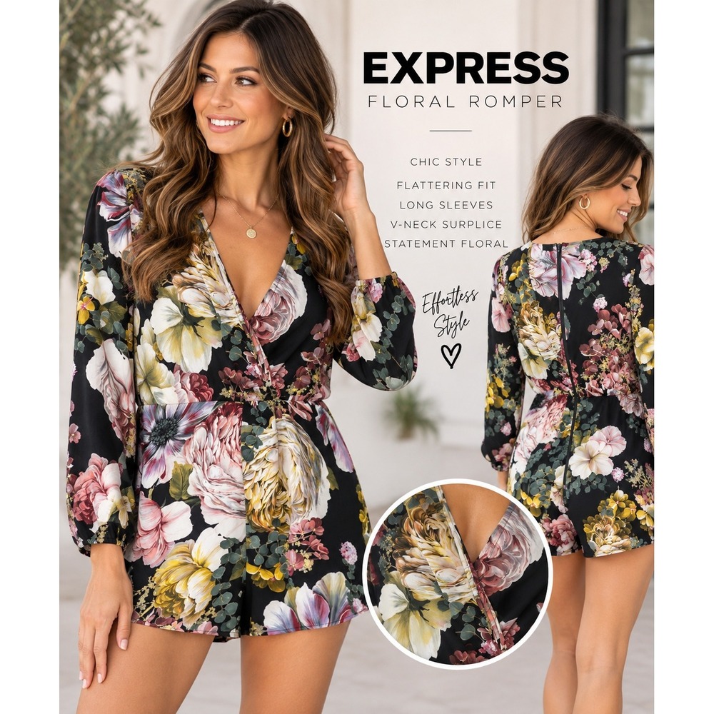 Express Floral Romper Womens Small Black Multi Long Sleeve V-Neck Surplice Chic